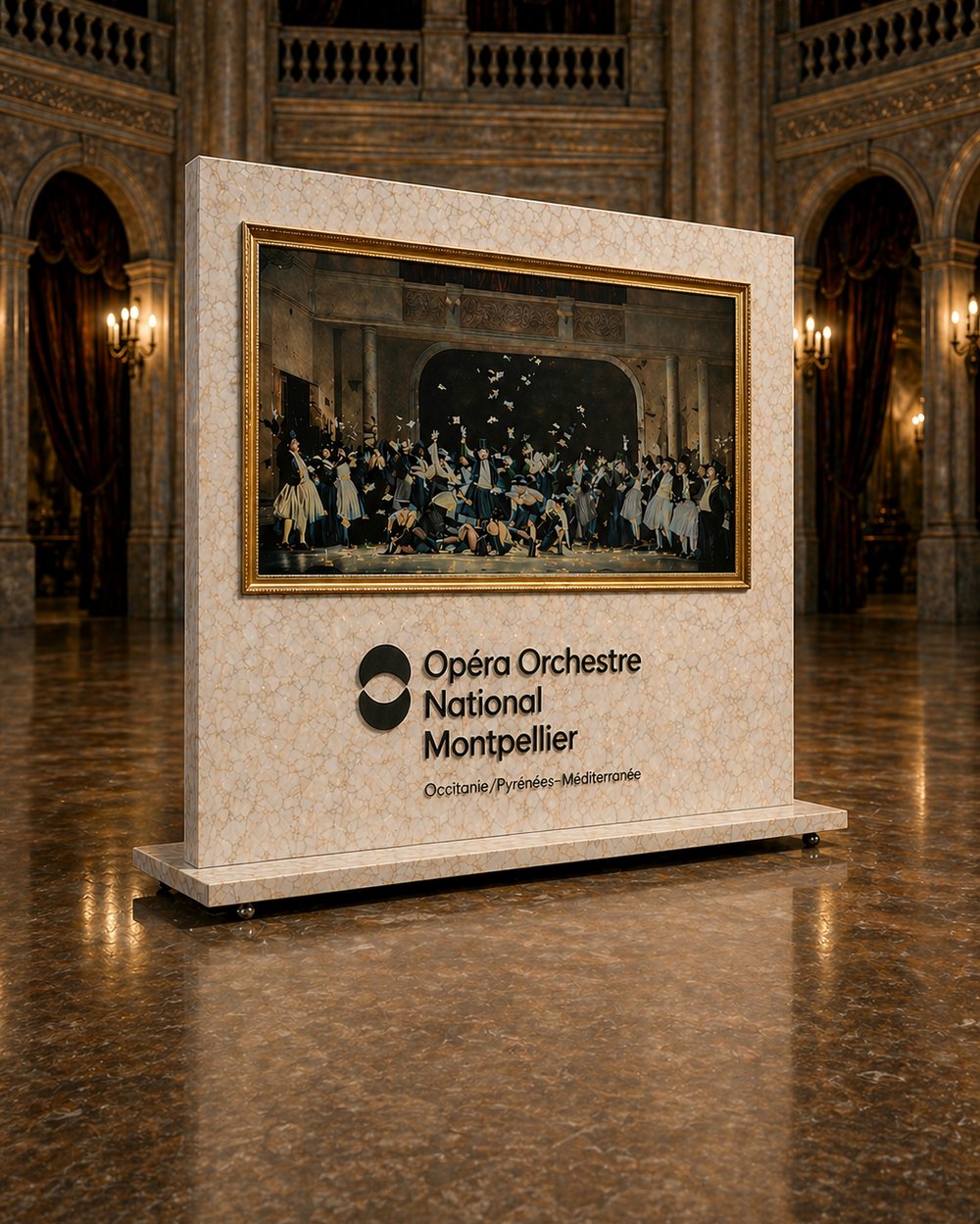 Digital Wall Nuans à cadre doré et socle façon marbre, aux couleurs de l’Opéra Orchestre National Montpellier
