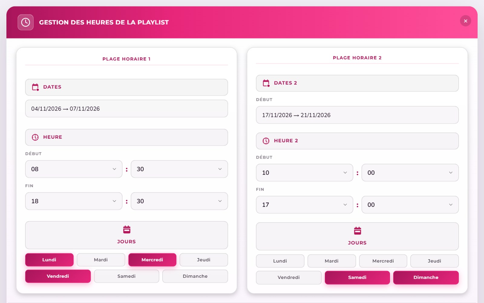 E-Manager : gestion des plages horaires et des jours de diffusion d’une playlist